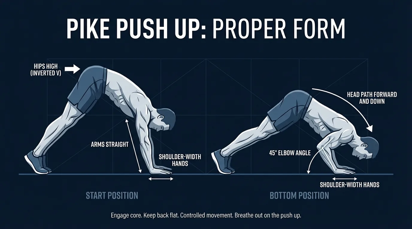 Pike push-up proper form with hips high, hands shoulder-width, elbows at 45 degrees, and head lowering between the hands