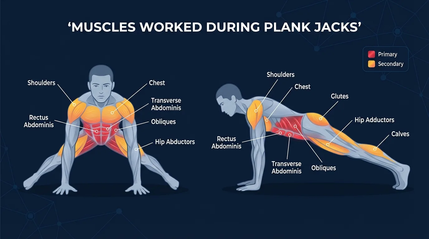 Plank jacks muscles worked: rectus abdominis, transverse abdominis, obliques, shoulders, glutes, hip abductors, hip adductors, calves, and ankle stabilizers