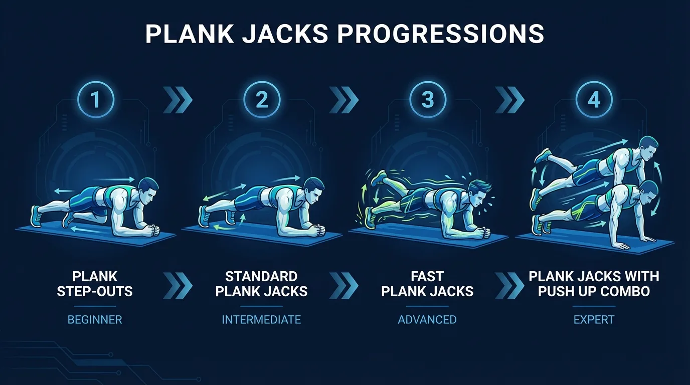 Plank jacks progression path from plank step-outs to standard plank jacks, fast plank jacks, and plank jack push-up combinations