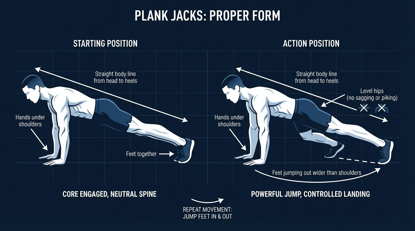 Plank jacks proper form showing hands under shoulders, straight high-plank body line, soft foot landings, and level hips as the feet jump wide and together