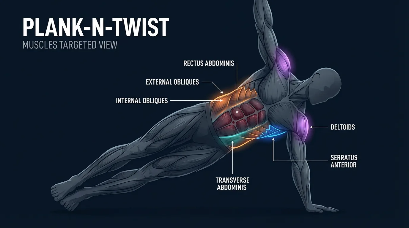 Plank-N-Twist muscles worked: obliques, rectus abdominis, transverse abdominis, serratus anterior, rotator cuff, glutes, and supporting shoulder stabilizers
