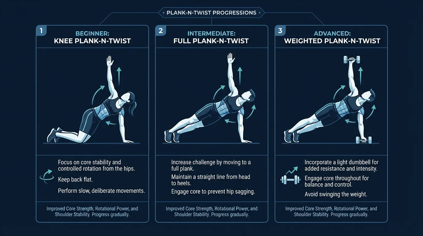 Plank-N-Twist progression path from knee Plank-N-Twist to standard high plank rotation, paused top hold, and light dumbbell reach