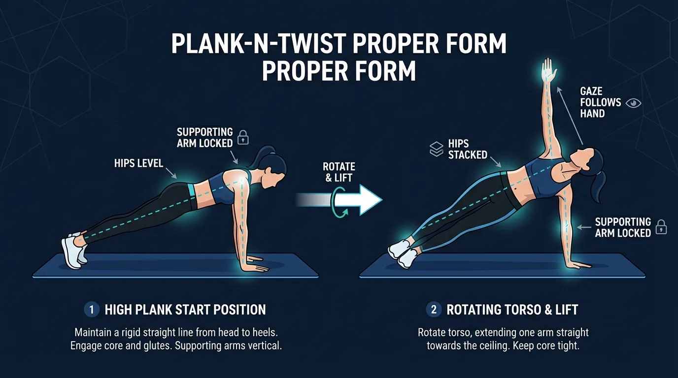Plank-N-Twist proper form: high plank rotation with one supporting hand under the shoulder, hips controlled, and top arm reaching toward the ceiling