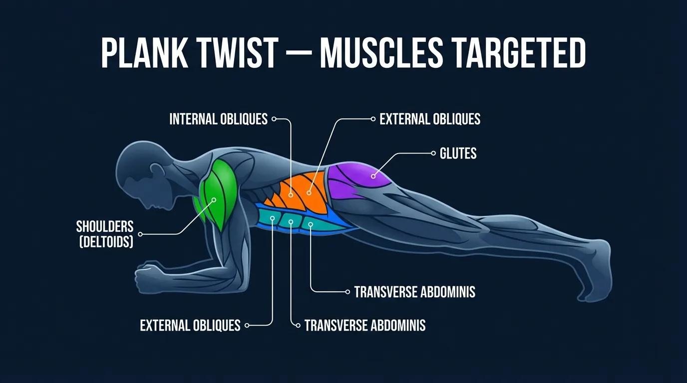 Plank twist muscles activated: internal and external obliques, rectus abdominis, and transverse abdominis as primary core muscles, with shoulders and glutes stabilizing the plank