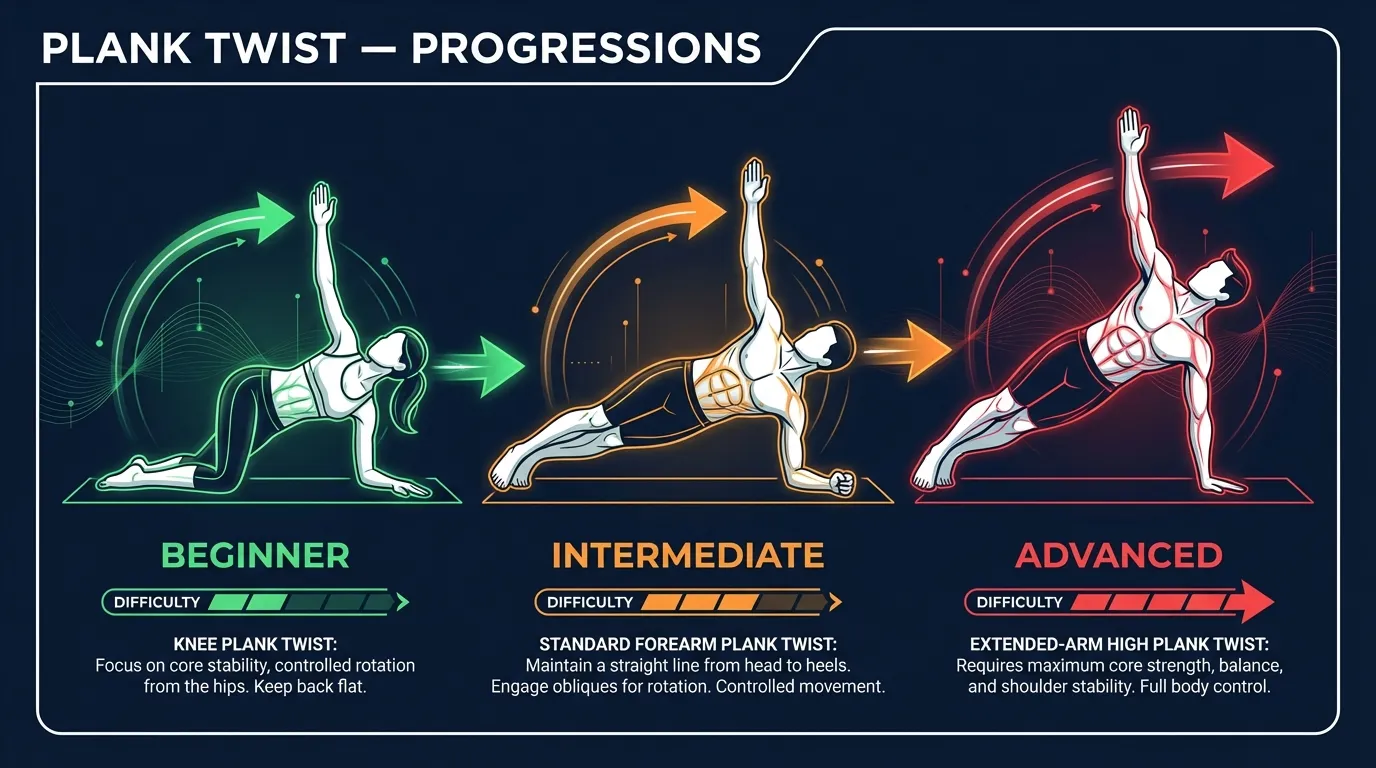 Plank twist progression from knee plank twists to standard forearm plank twists, slow-tempo reps, and advanced extended-arm plank twists