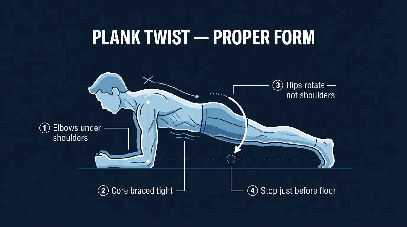 Plank twist proper form: forearms under shoulders, body in a straight plank line, hips rotating toward the floor while the shoulders stay stable