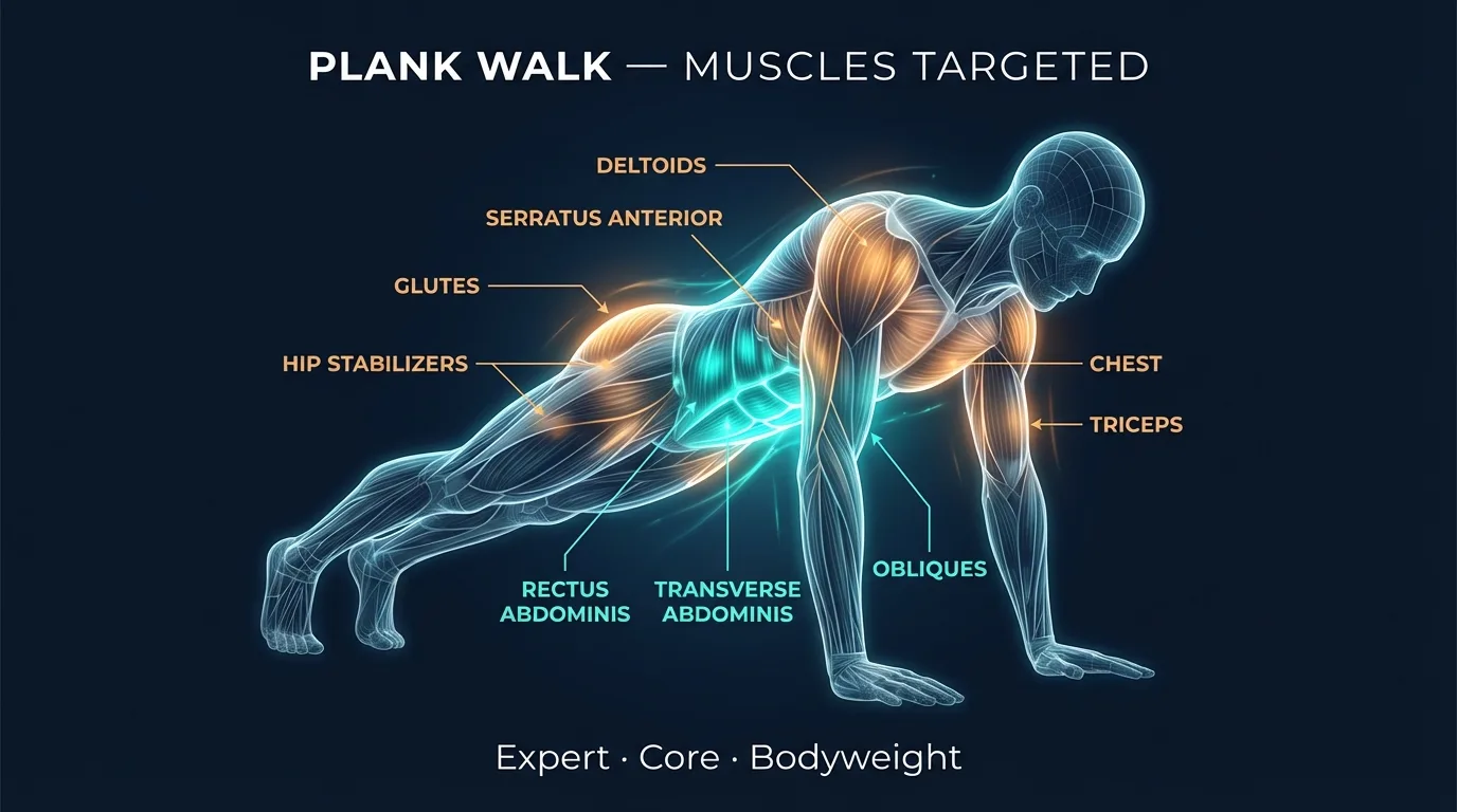 Plank walk muscles worked: rectus abdominis, transverse abdominis, obliques, shoulders, serratus anterior, glutes, and hip stabilizers
