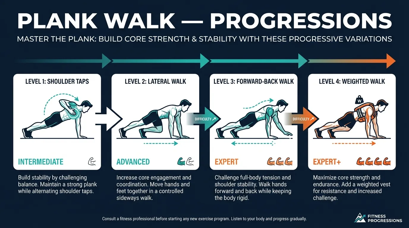 Plank walk progressions from high plank to shoulder taps to lateral plank walks and forward-backward plank walks