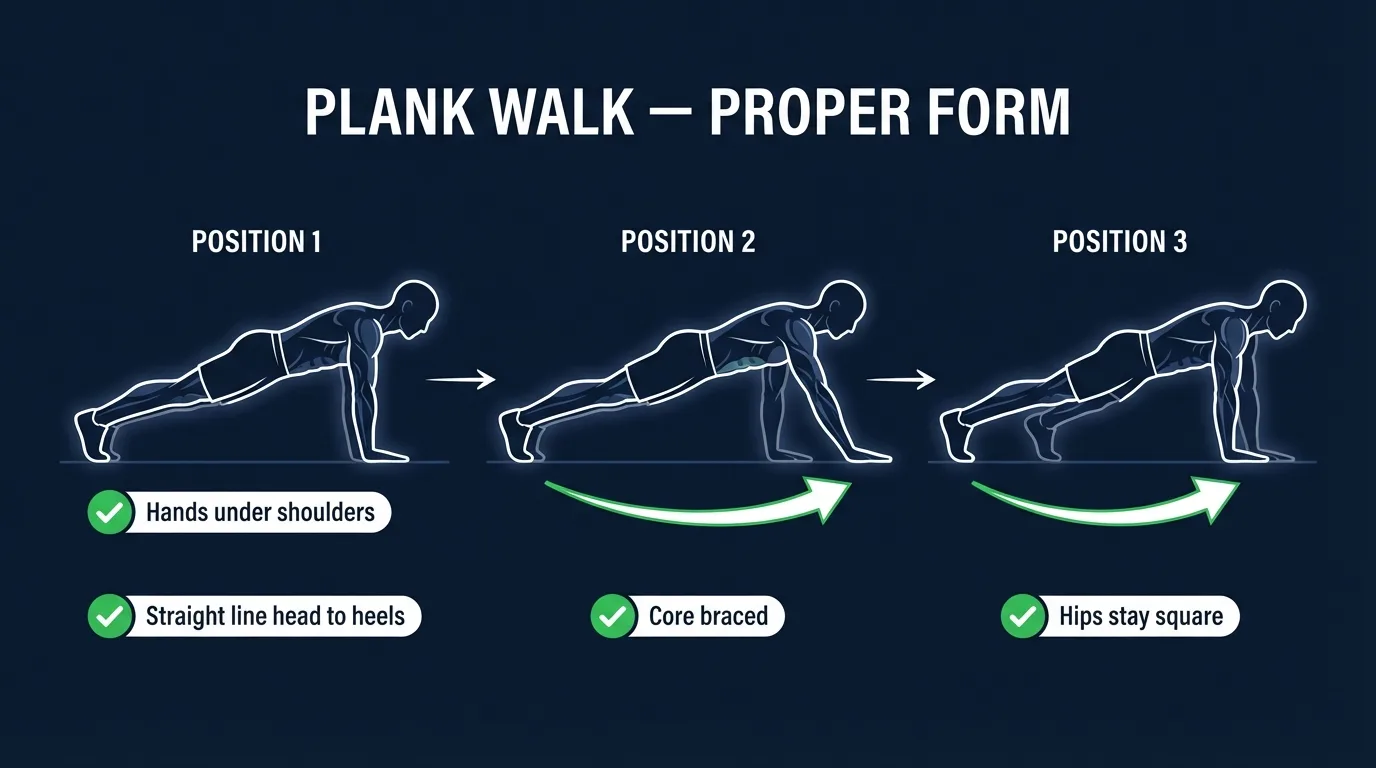 Plank walk proper form showing hands and feet stepping laterally while hips stay level and square to the floor