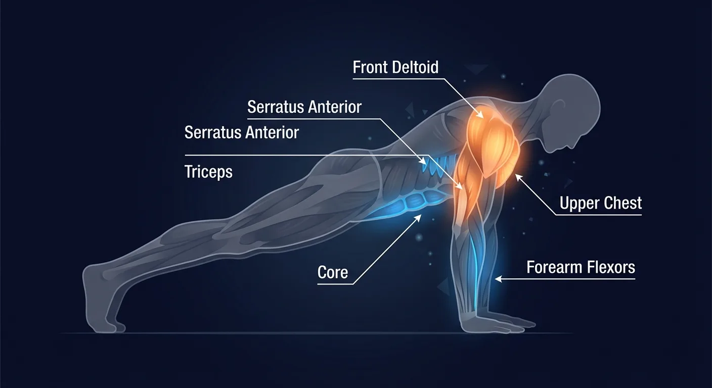 Pseudo planche push-up muscles activated: anterior deltoids, pectoralis major, triceps, serratus anterior, forearms, and core stabilizers
