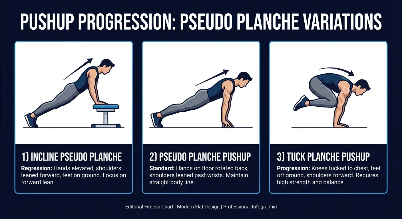 Pseudo planche push-up progression sequence showing incline regression, floor version, decline variation, and tuck planche progression