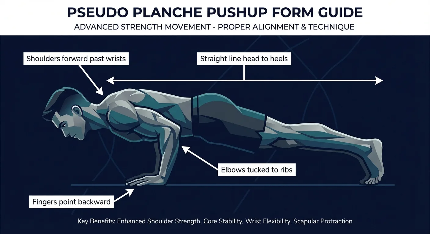 Pseudo planche push-up proper form with fingers turned back, shoulders leaned forward past the wrists, elbows close, and body held straight