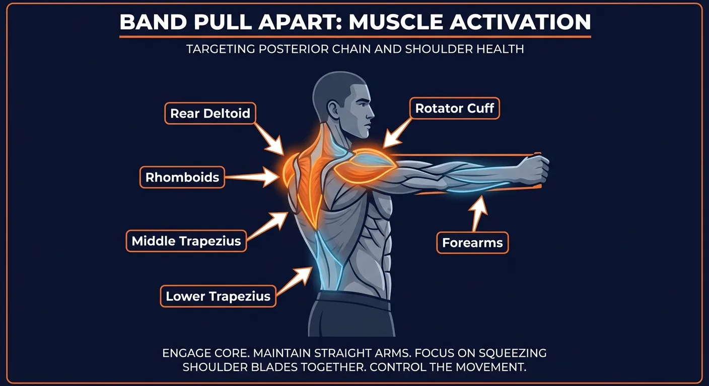 Band pull apart muscles worked: rear deltoids, rhomboids, middle trapezius, lower trapezius, and rotator cuff stabilizers