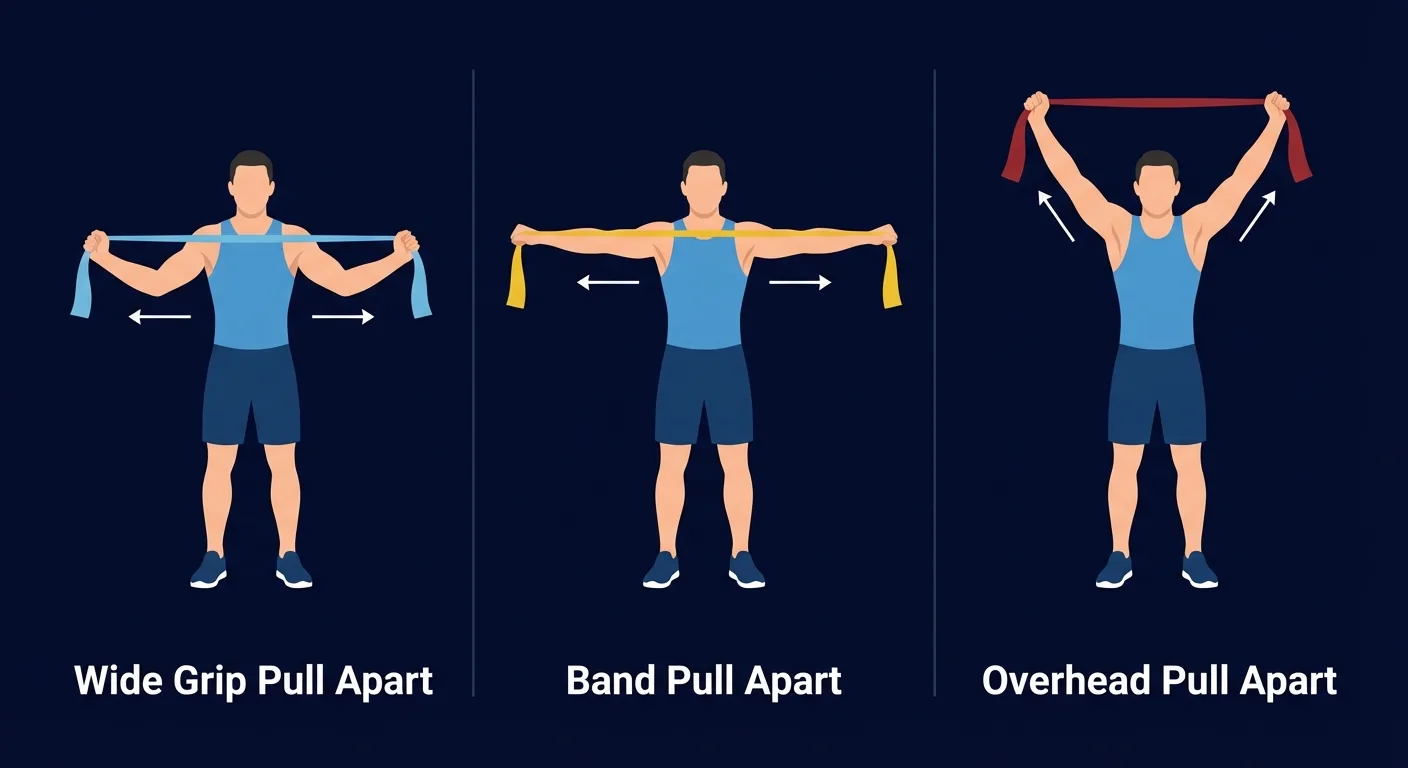 Band pull apart progressions showing wider grip regression, standard shoulder-height pull apart, and overhead pull apart variation