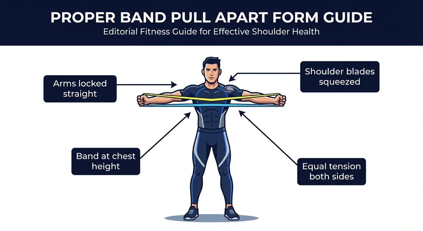 Band pull apart proper form with arms at shoulder height, elbows nearly straight, ribs down, and shoulder blades squeezing together