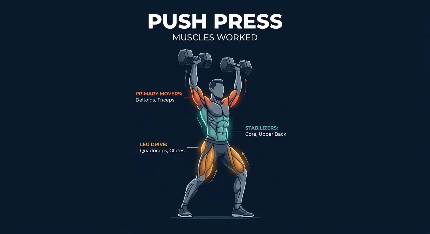 Dumbbell push press muscles activated: deltoids and triceps brachii as primary movers for the overhead press, quadriceps and glutes driving the leg drive, with the core, spinal erectors, and rotator cuff stabilizing force transfer