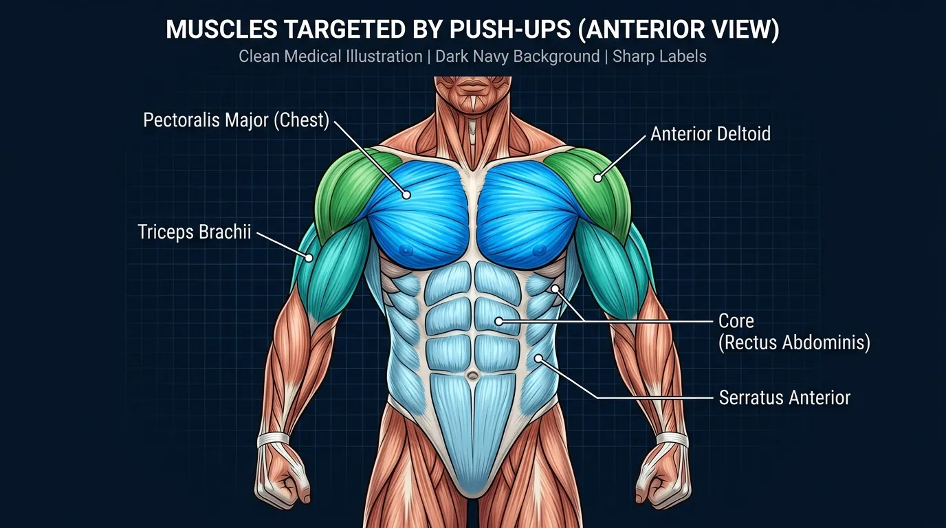 Push-up muscles activated: pectoralis major, triceps brachii, and anterior deltoids as primary movers, with the core and serratus anterior as stabilizers