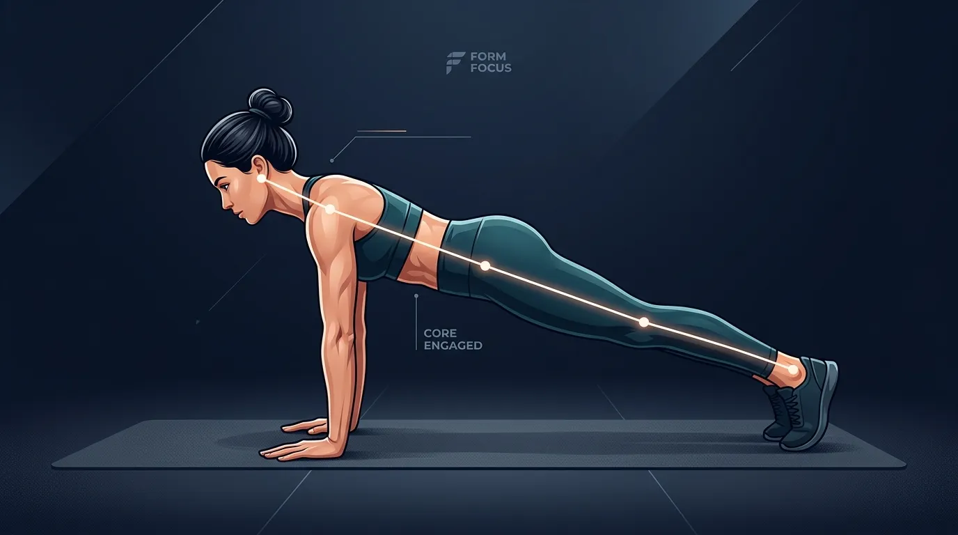 Push-up proper form: hands at shoulder width, elbows at a 45-degree angle, body in a straight head-to-heel plank position