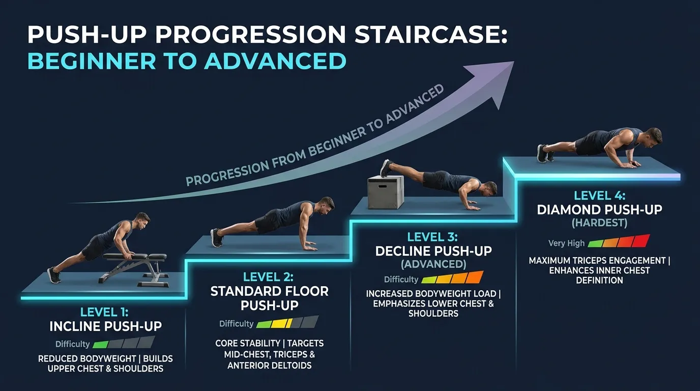 Push-up progression from incline (beginner) to floor (intermediate) to diamond and pike (advanced)