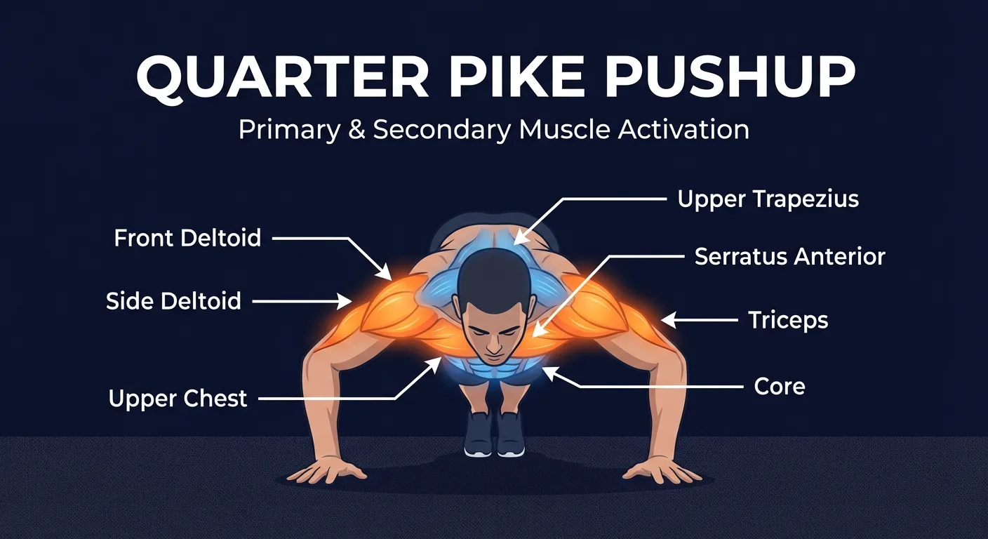 Quarter pike pushup muscles activated: anterior deltoids, upper chest, and triceps as primary movers with serratus anterior, core, and rotator cuff support