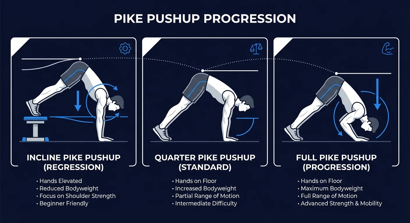 Quarter pike pushup progressions from incline pike press to floor quarter pike pushup and full pike pushup