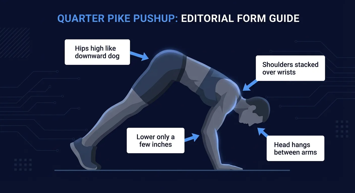 Quarter pike pushup proper form with high hips, shoulders stacked over wrists, neutral neck, and a shallow elbow bend