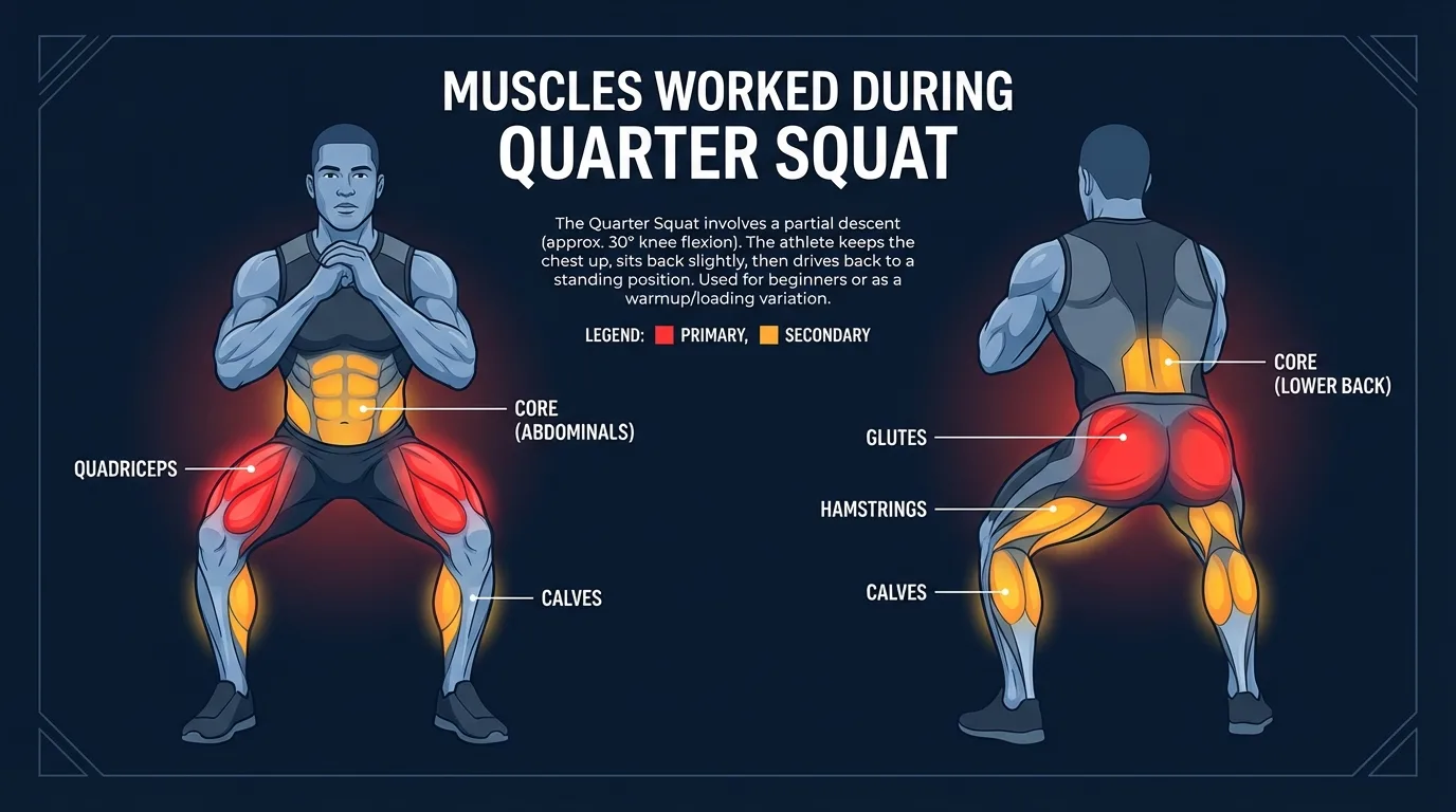 Quarter squat muscles and joints targeted: quadriceps, glutes, calves, hips, knees, and ankles during a shallow squat pattern