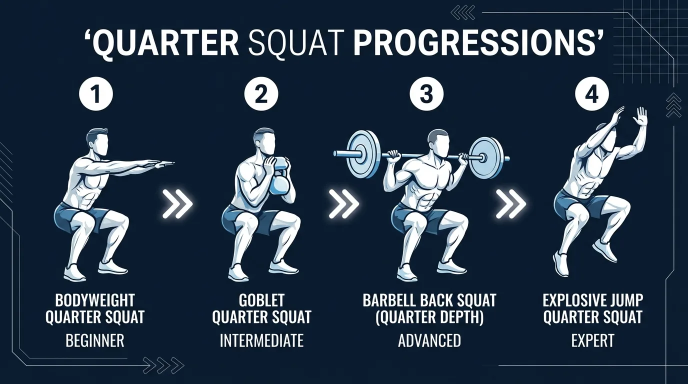 Quarter squat progressions from wall-assisted shallow squats to freestanding quarter squats, wall sits, and jump squat preparation