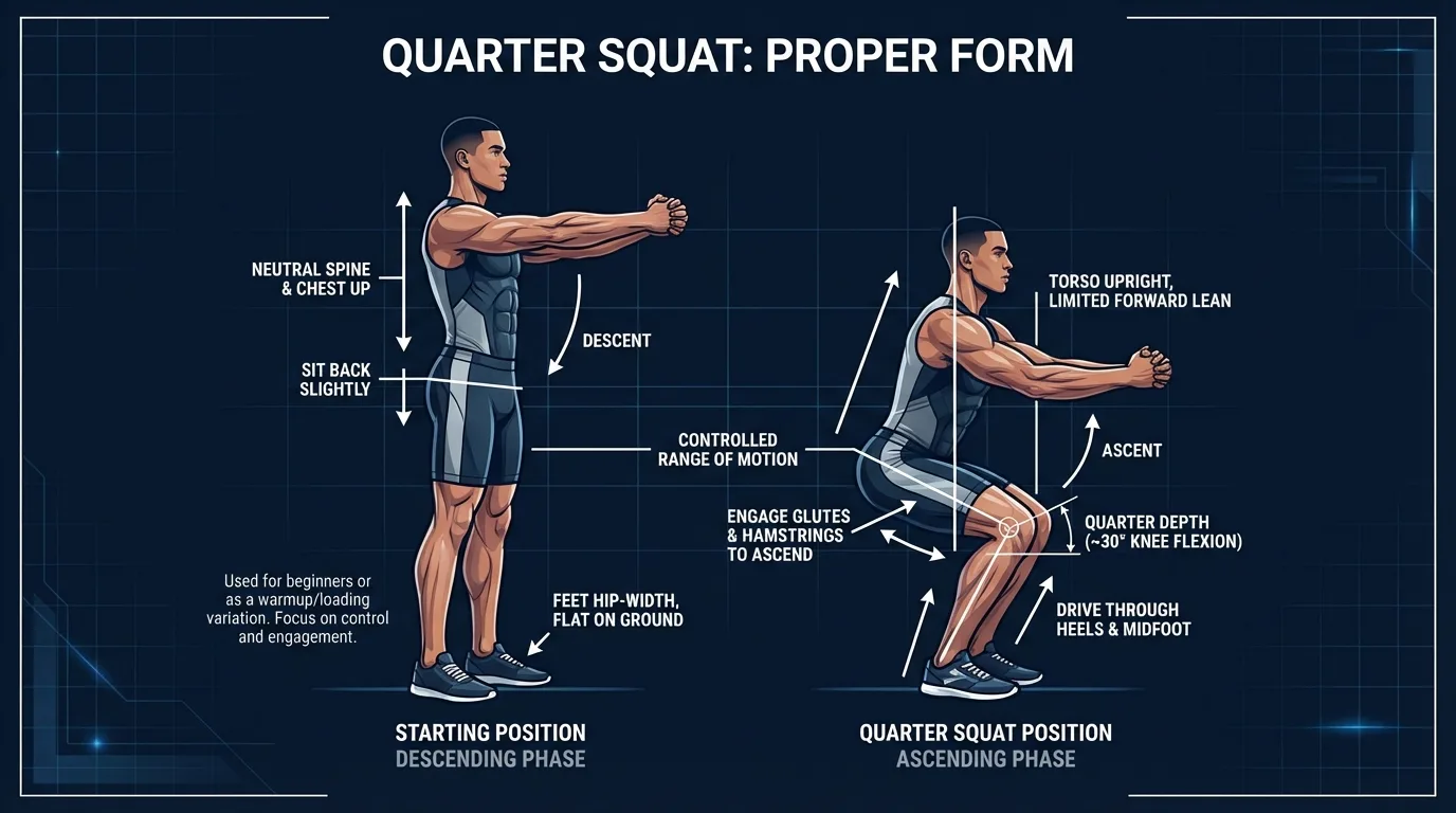 Quarter squat proper form: shallow knee bend, hips slightly back, chest tall, and knees tracking over toes
