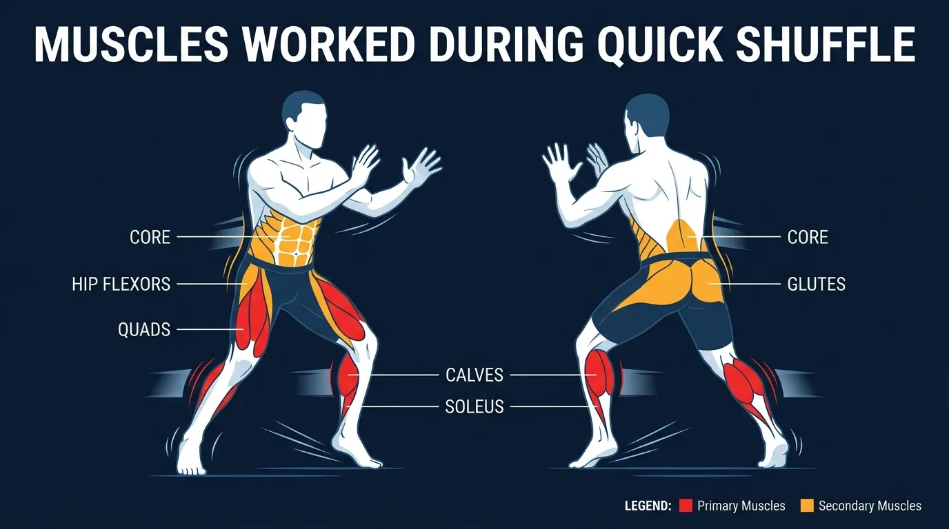 Quick shuffle muscles activated: quadriceps, gluteus medius, calves, hamstrings, hip adductors, obliques, and deep core during rapid lateral steps