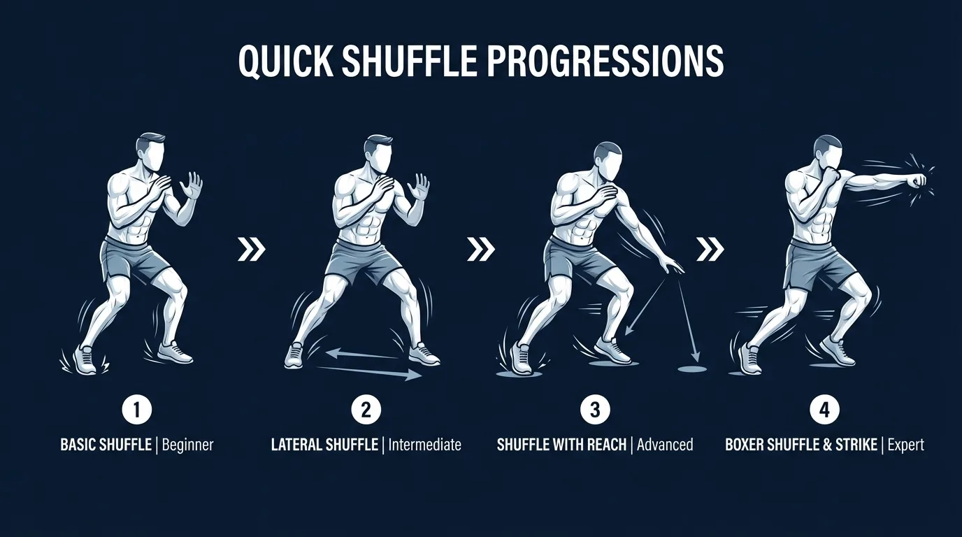 Quick shuffle progressions from slow lateral step-touch to standard quick shuffle, banded shuffle, and shuffle with floor touch