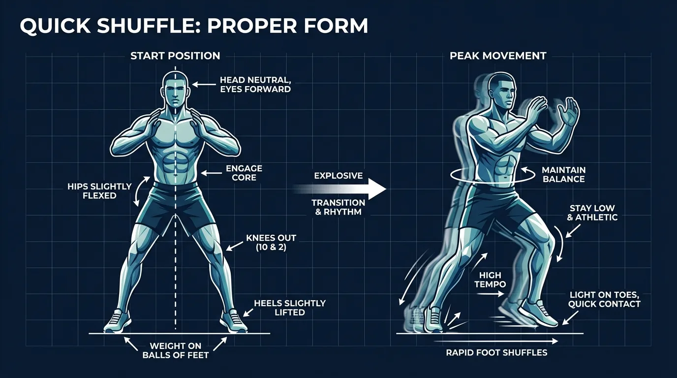Quick shuffle proper form showing low athletic stance, bent knees, chest up, separated feet, and rapid lateral steps with active arms