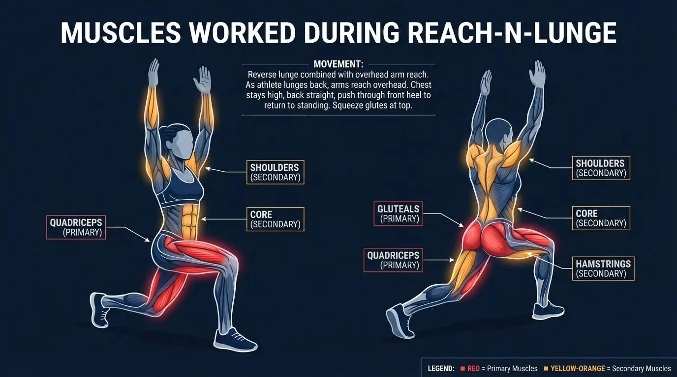 Reach-N-Lunge muscles and systems worked: quadriceps, glutes, hip flexors, core, shoulders, lats, and cardiovascular system during an overhead lunge