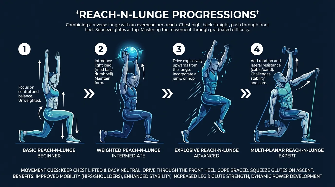 Reach-N-Lunge progression ladder from step-n-lunge to reverse reach lunge, standard alternating reach-n-lunge, and jumping reach-n-lunge
