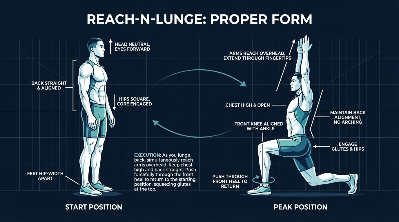 Reach-N-Lunge proper form sequence showing tall overhead reach, controlled forward lunge, aligned knee, and return to standing