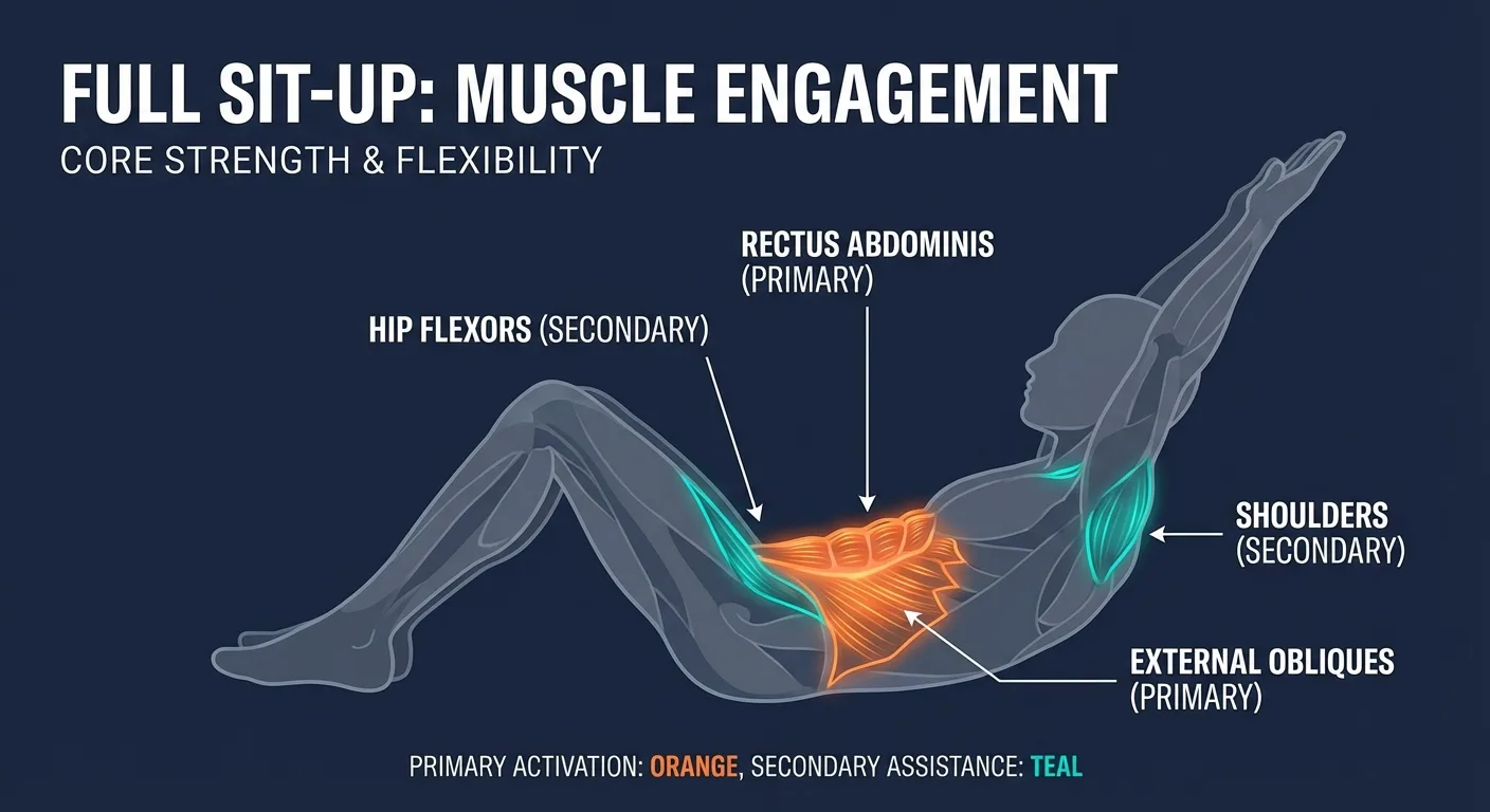 Reach up muscles worked: rectus abdominis as the primary mover with obliques, hip flexors, transverse abdominis, diaphragm, pelvic floor, and shoulder flexors assisting