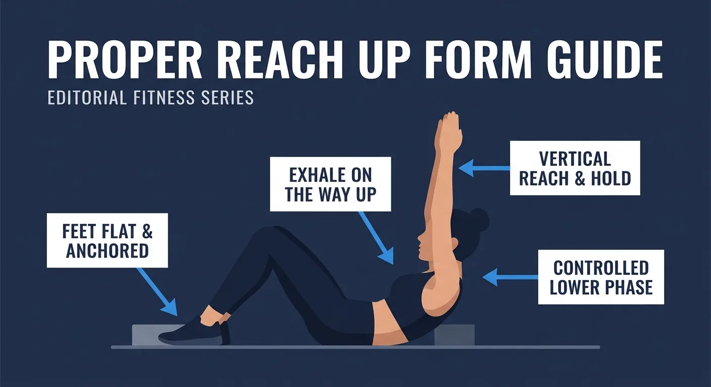 Reach up proper form showing feet planted, controlled full sit-up, ribs stacked, and arms reaching vertically at the top