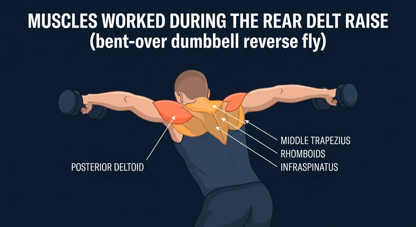 Rear delt raise muscles activated: the posterior deltoid as the primary mover, with the middle trapezius, rhomboids, and infraspinatus of the upper back assisting