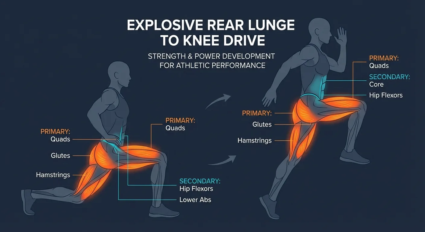 Rear lunge knee drive muscles activated: quads, glutes, hamstrings, hip flexors, lower abs, calves, and single-leg stabilizers