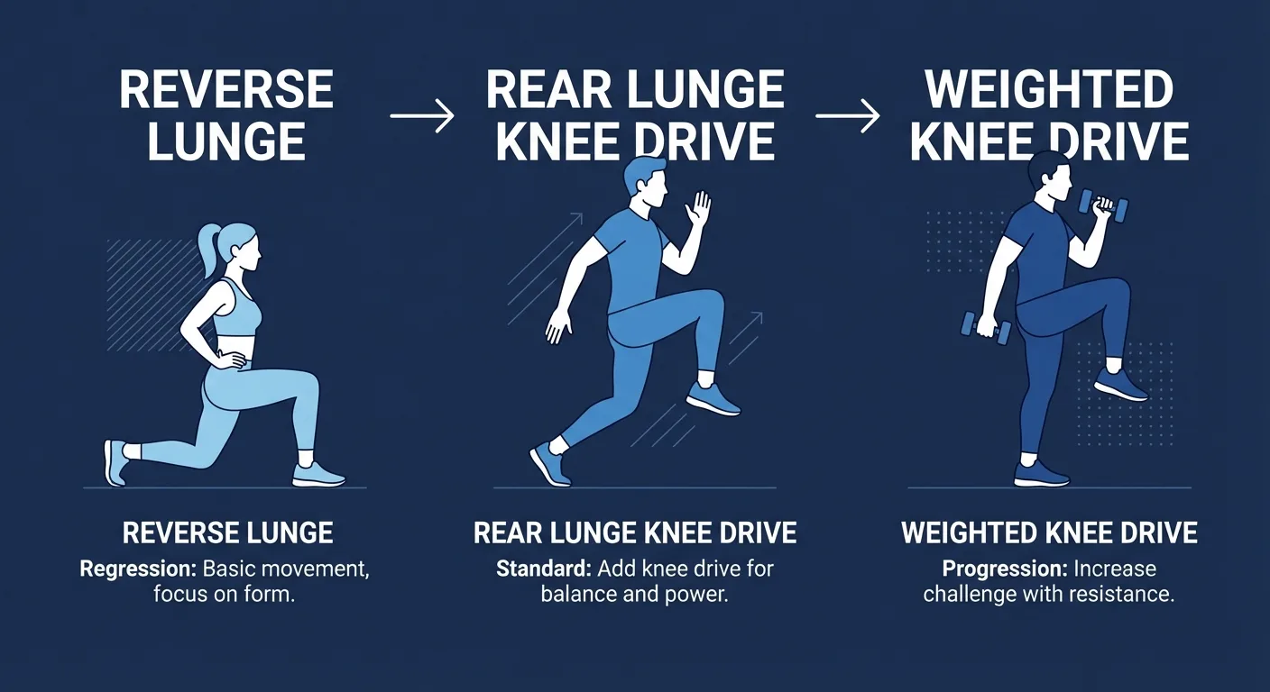 Rear lunge knee drive progressions showing reverse lunge reset, standard knee drive, light dumbbell version, and hop progression