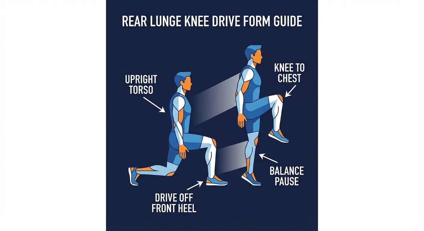 Rear lunge knee drive proper form showing reverse lunge depth, upright torso, front heel pressure, and a balanced knee drive at the top