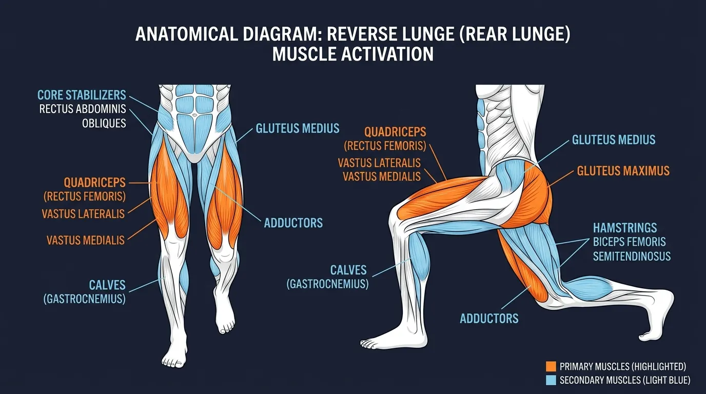 Rear lunge muscles targeted: quadriceps, gluteus maximus, hamstrings, adductors, calves, and core stabilizers during a reverse lunge