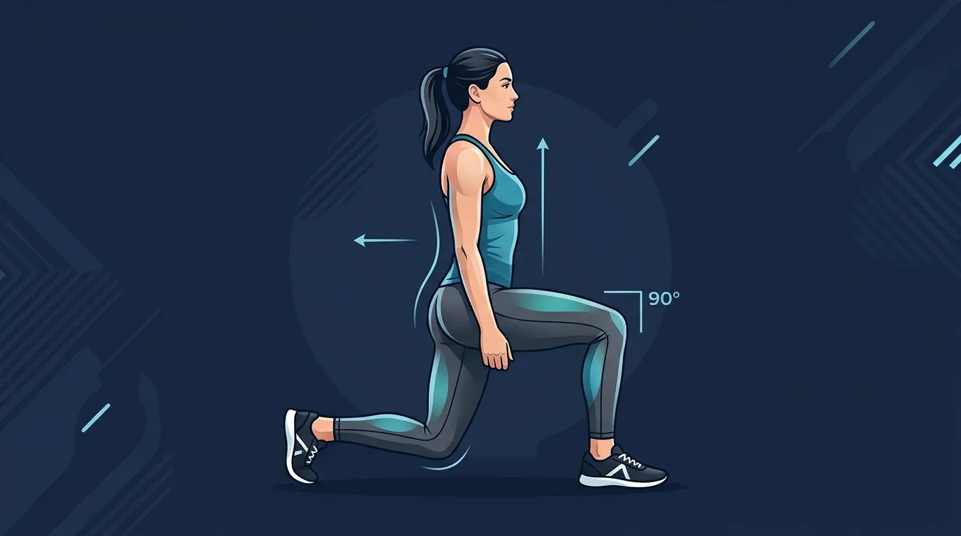 Rear lunge proper form: upright torso, front heel grounded, front knee tracking over toes, and rear knee hovering above the floor