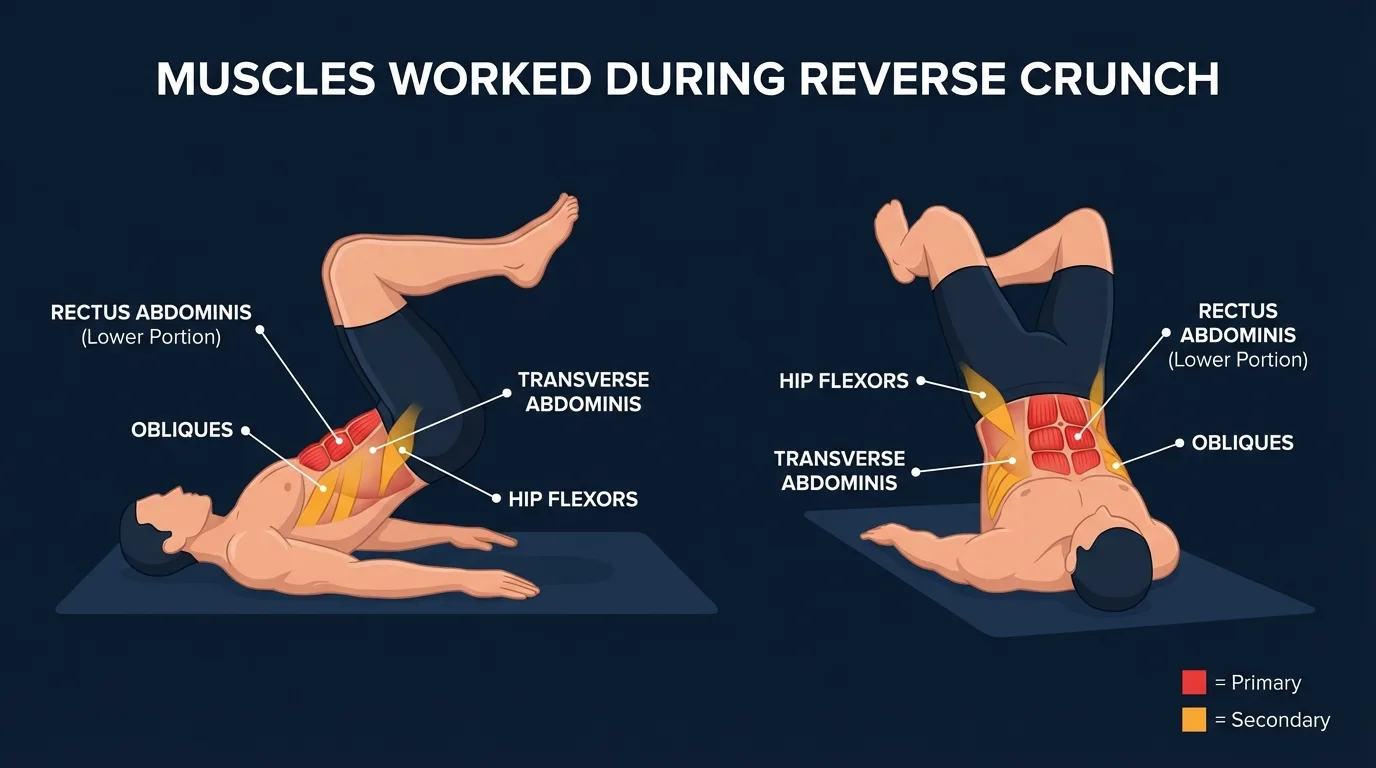 Reverse crunch muscles worked: rectus abdominis as the primary mover with obliques, transverse abdominis, hip flexors, diaphragm, and pelvic floor assisting