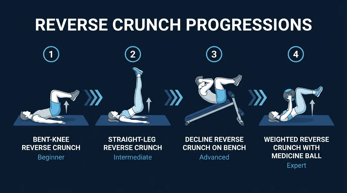 Reverse crunch progressions from bent-knee reverse crunches to straight-leg, decline, and weighted variations