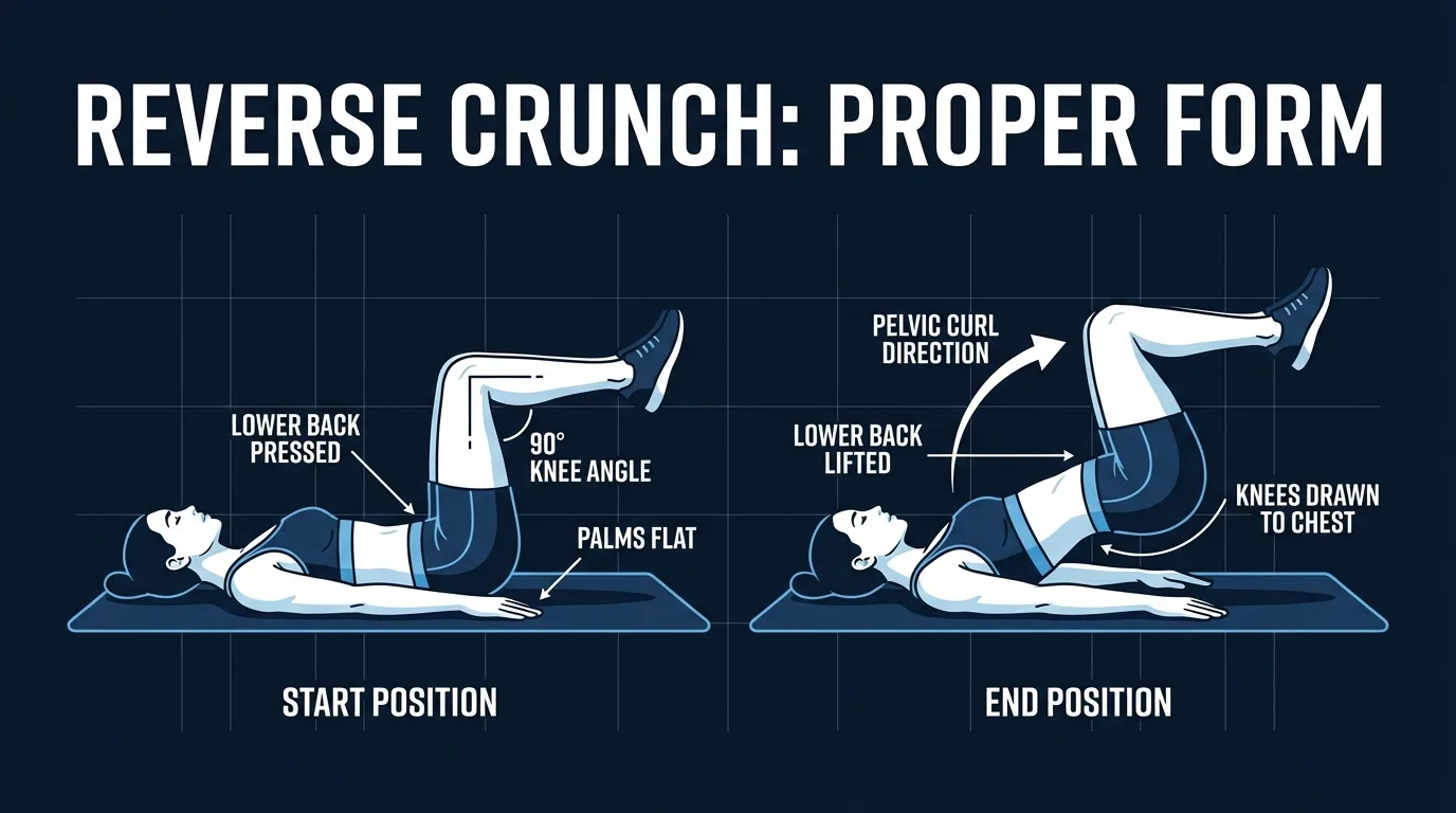 Reverse crunch proper form showing a bent-knee start, pelvis curling toward the ribs, and a slow controlled return to the mat