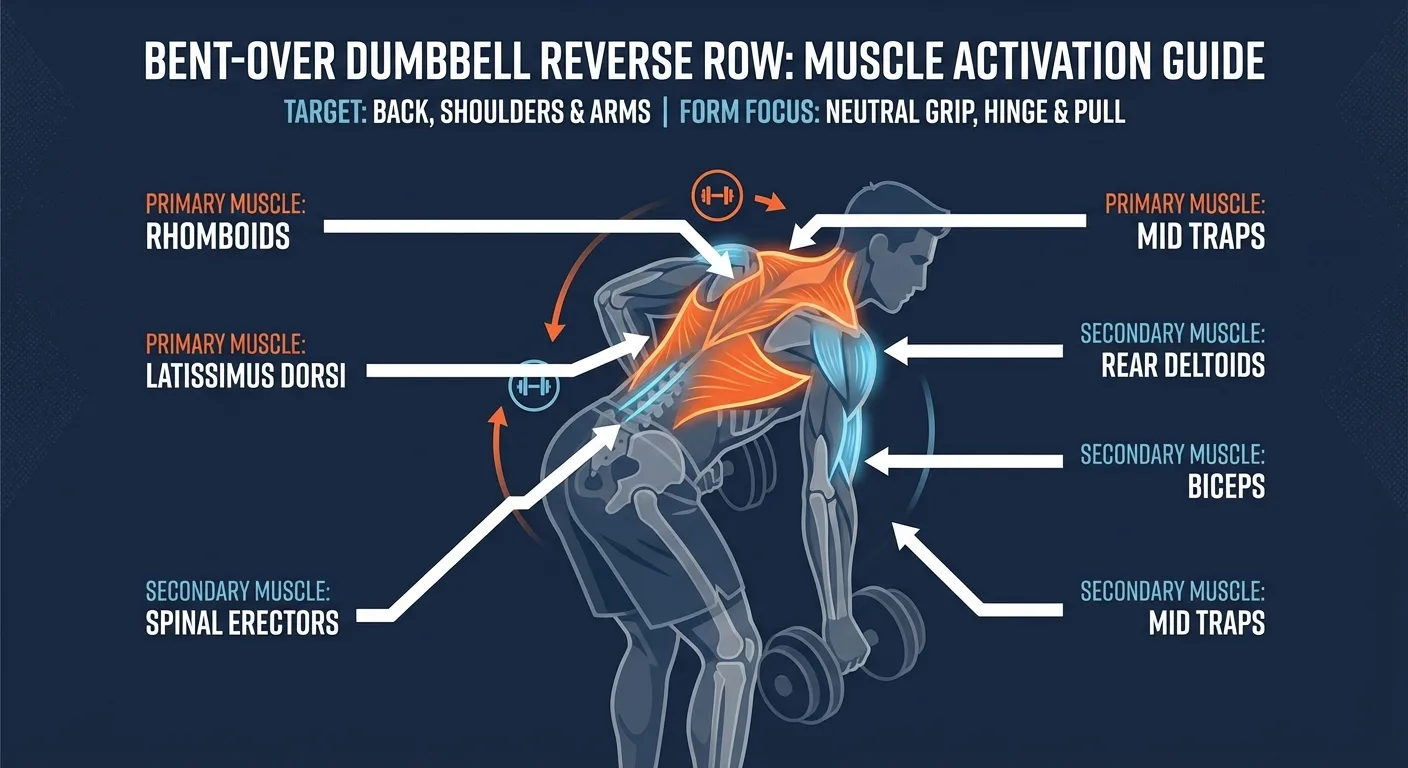Reverse row muscles worked: latissimus dorsi, rhomboids, middle trapezius, rear deltoids, biceps, forearms, spinal erectors, and core stabilizers