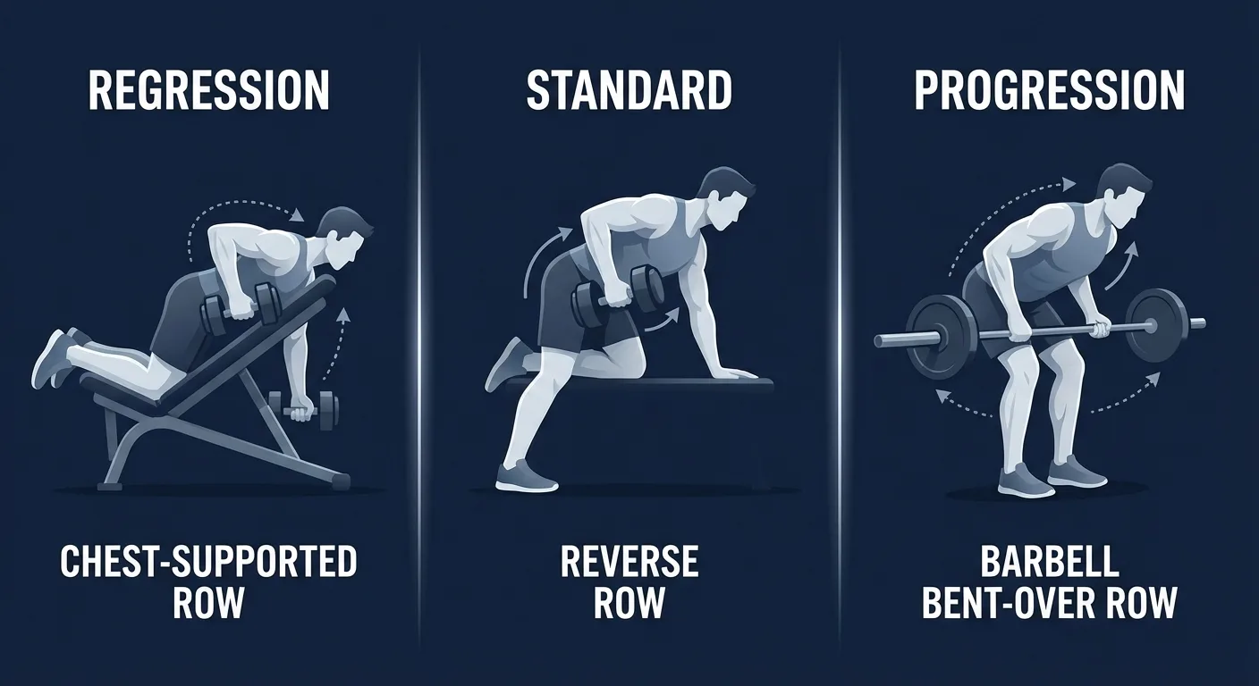 Reverse row progressions showing chest-supported rows, standard dumbbell reverse rows, and slow-eccentric reverse rows