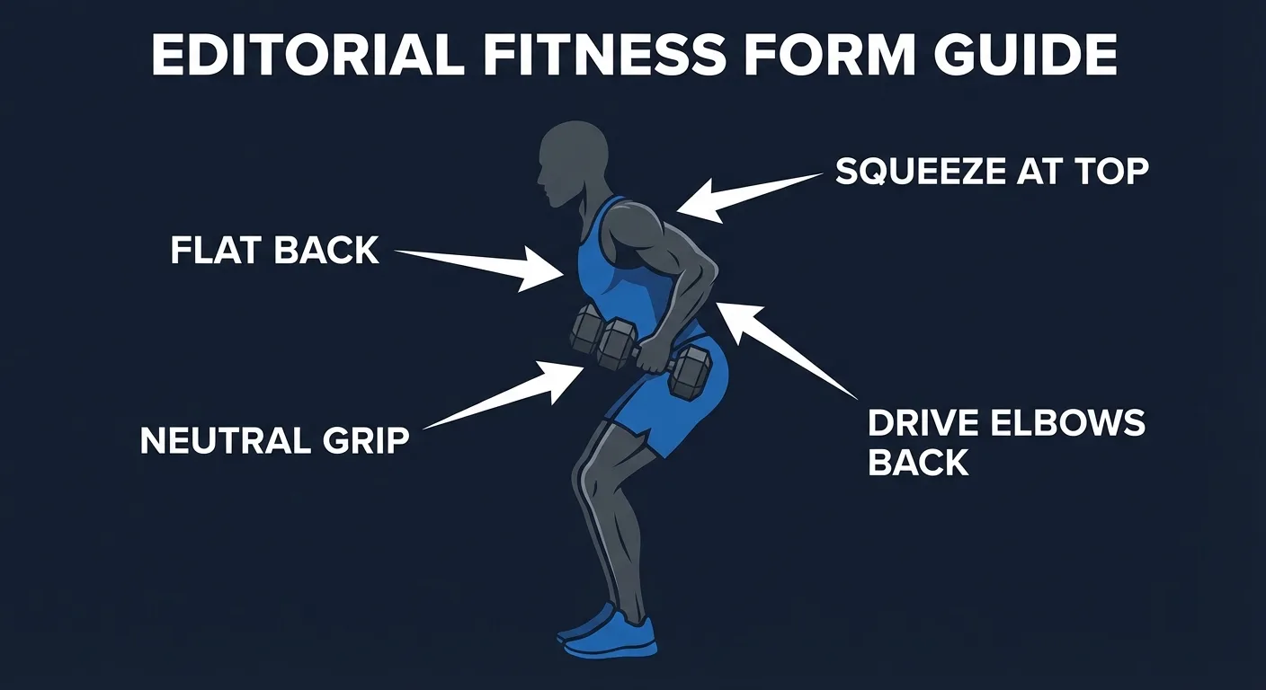 Reverse row proper form showing a flat back, hip hinge, neutral dumbbell grip, quiet torso, and elbows rowing toward the hips