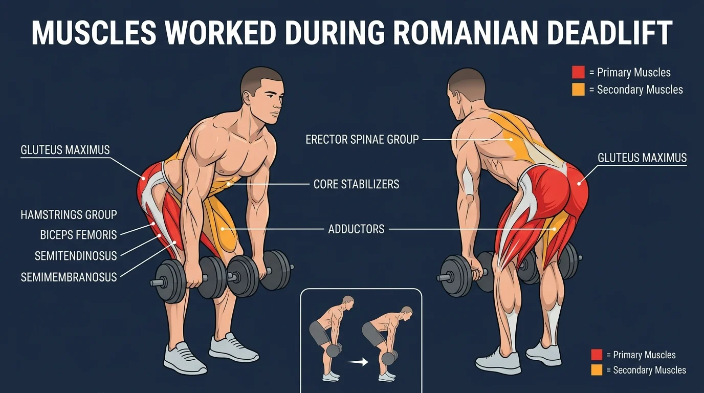 Romanian deadlift muscles activated: hamstrings and gluteus maximus as primary movers, with erector spinae, core, lats, and grip as stabilizers